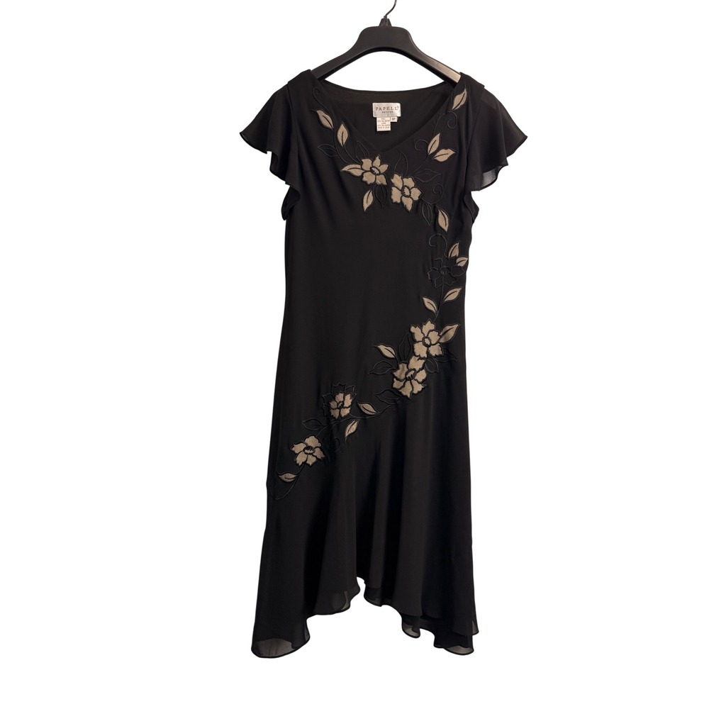 Adrianna Papell Black Embroidered Floral Chiffon Midi Dress 8P Handkerchief